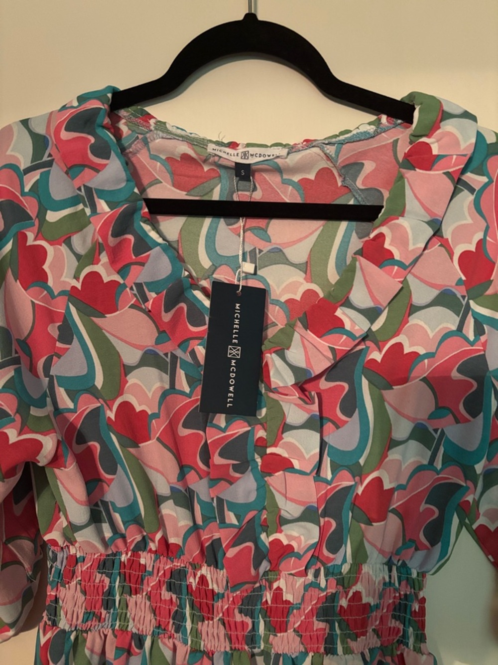Floral Multicolor Tiered Midi Dress with Ruffle Neckline by Michelle  size small - Picture 3 of 9